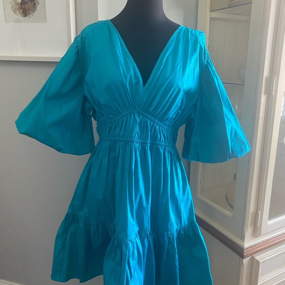 Japna Poplin Empire Waist Mini Dress Aqua Blue